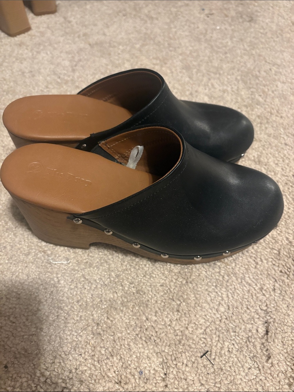 Amazon Women's Black Leather-Look Clog Wedges with Wood-Tone Heel